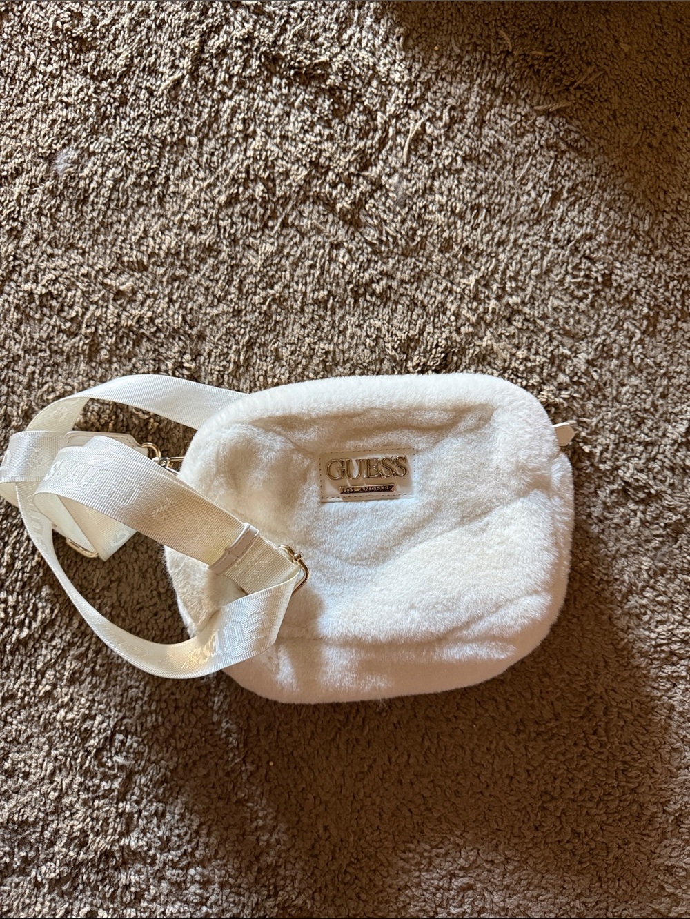 GUESS Cream Plush Crossbody Bag with Signature Strap